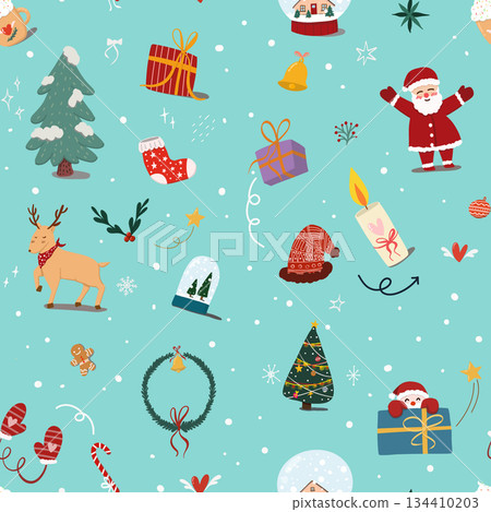 winter Christmas seamless pattern background, with cute cartoon of Santa Claus, ornament, Christmas tree, gift box, candy canes, reindeer, snow globe, sock isolated on light green background winter Christmas seamless pattern background, with cute cartoon of Santa Claus, ornament, Christmas tree, gift box, candy canes, reindeer, snow globe, sock isolated on light green background 134410203