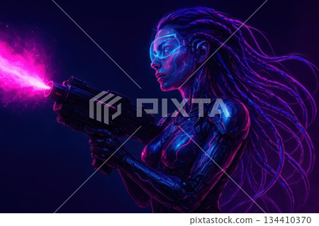 Side View of a Cybernetic Female Warrior Firing a Plasma Cannon 134410370