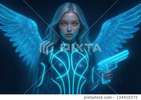 Cybernetic Angel Woman with Glowing Blue Wings and a Futuristic Laser Pistol 134410372