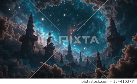 Ancient Gothic Space Cathedral Spires Emerging from Clouds under a Starry Sky 134410377