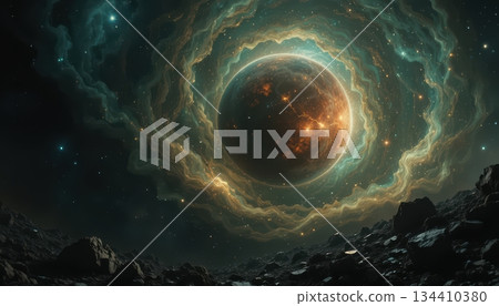 Glowing Magma Planet Seen From A Dark Rocky Alien Surface Horizon Glowing Magma Planet Seen From A Dark Rocky Alien Surface Horizon 134410380