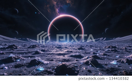 Black Hole Eclipse Over A Frozen Rocky Moon Surface In Space Black Hole Eclipse Over A Frozen Rocky Moon Surface In Space 134410382