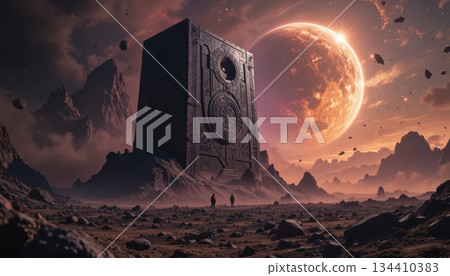 Ancient Giant Monolith On A Dusty Red Desert Planet Under Sunrise 134410383