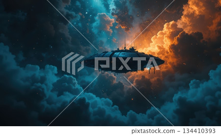 Gigantic circular spacecraft hovering between orange and blue storm clouds in space Gigantic circular spacecraft hovering between orange and blue storm clouds in space 134410393