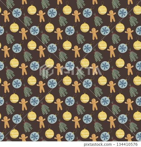 Cute Christmas ornaments and ginger cookies pattern illustration 134410576