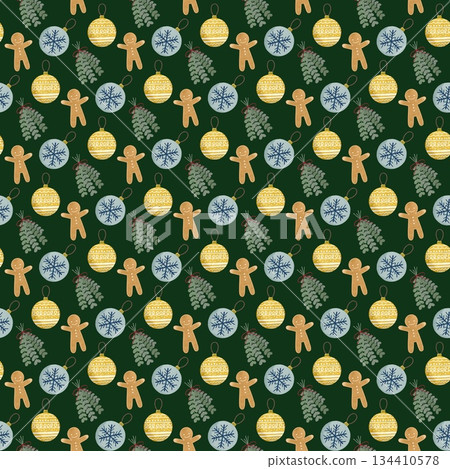 Cute Christmas ornaments and ginger cookies pattern illustration Cute Christmas ornaments and ginger cookies pattern illustration 134410578