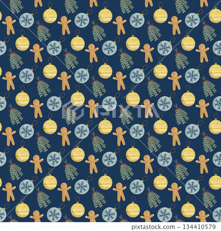 Cute Christmas ornaments and ginger cookies pattern illustration Cute Christmas ornaments and ginger cookies pattern illustration 134410579
