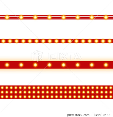 Set of red frames and borders with glowing lights, isolated on transparent background. Collection of endless dividers with glowing lights that can be used to create various square and rectangle frames 134410588