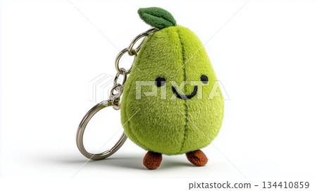Plush Keychains. Cute plush keychain in the shape of a smiling green pear with small brown feet and a leaf, perfect for adding charm to bags or keys, showcasing playful design Plush Keychains. Cute plush keychain in the shape of a smiling green pear with small brown feet and a leaf, perfect for adding charm to bags or keys, showcasing playful design 134410859