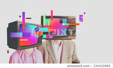 Abstract mixed media of television heads couple media symbolism. 134410909