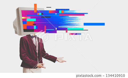 Visual metaphor of presenter with television head and signal stream. 134410910