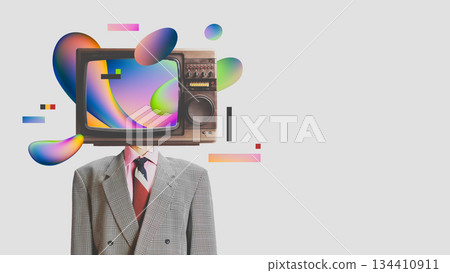 Minimal artwork of man with television head and structured graphic accents Minimal artwork of man with television head and structured graphic accents 134410911