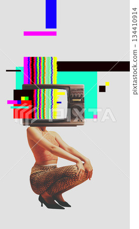 Abstract visual art. Female figure with television head and strong graphic overlays Abstract visual art. Female figure with television head and strong graphic overlays 134410914