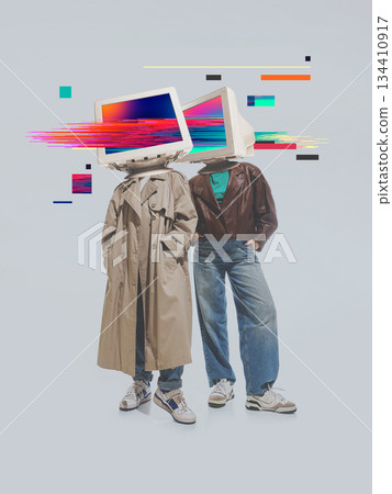 Modern design of two people with CRT monitor heads. Modern design of two people with CRT monitor heads. 134410917