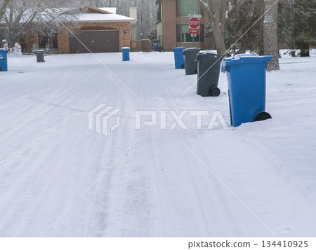 Winter Alley With Recycling Bins 134410925