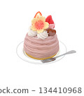 櫻花色蒙布朗蛋糕插圖，配上草莓和櫻花白巧克力 134410968