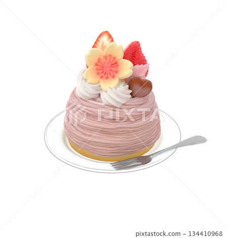 櫻花色蒙布朗蛋糕插圖，配上草莓和櫻花白巧克力 134410968