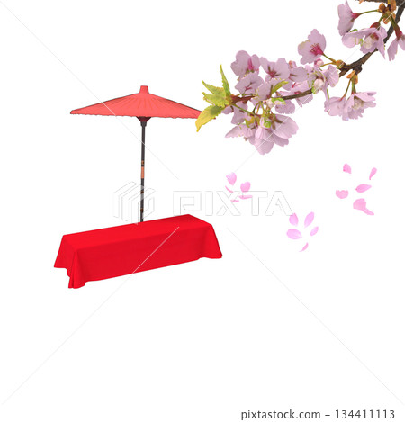 染井吉野櫻花、猩紅色地毯以及用於茶館、咖啡館和茶店戶外茶道的地墊 134411113