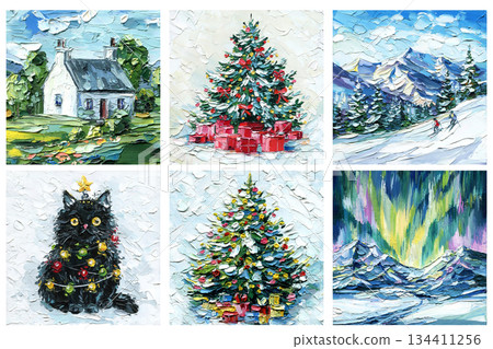 Christmas winter impasto oil painting set with cottage Christmas trees cat skiers and northern lights wall art 134411256