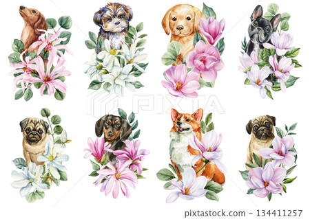 Watercolor dogs with magnolia flowers set floral puppy portraits botanical spring clipart for nursery wall decor 134411257