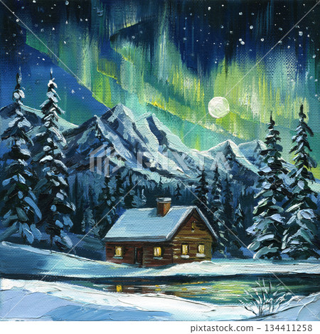 Northern lights winter cabin in snowy mountains, impasto night landscape painting with aurora borealis Northern lights winter cabin in snowy mountains, impasto night landscape painting with aurora borealis 134411258