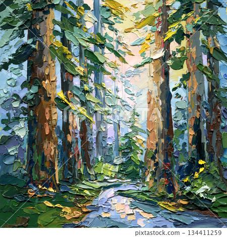 Impasto forest painting with tall trees and trail, textured palette knife woodland landscape art for nature home decor 134411259