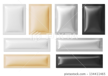 Sachet package pouch mockup set with foil bag Sachet package pouch mockup set with foil bag 134411465