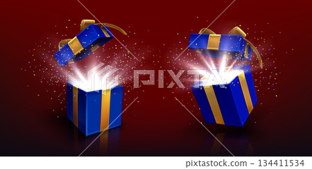 Open 3D blue gift box with golden bow and confetti Open 3D blue gift box with golden bow and confetti 134411534