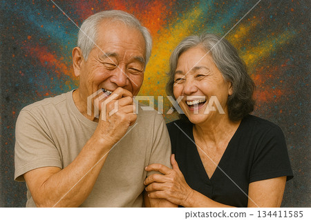 Colorful portrait background material of a smiling elderly couple Colorful portrait background material of a smiling elderly couple 134411585