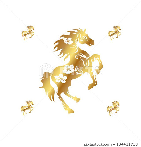 Golden Horse with Floral Accents on Red Background Golden Horse with Floral Accents on Red Background 134411718