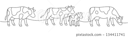 Four cows and calf. Minimalist group composition of rural livestock family 134411741