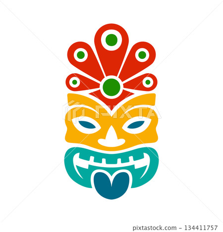 Ornamental tiki mask with peacock feather crown and bright tribal design. Vector Polynesian decorative face illustration for tropical culture 134411757