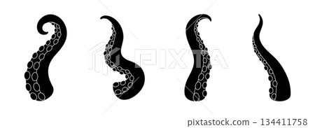 Black octopus tentacles set. Minimalist marine vector illustration for nautical themes, tattoos, fantasy art, and ocean designs 134411758