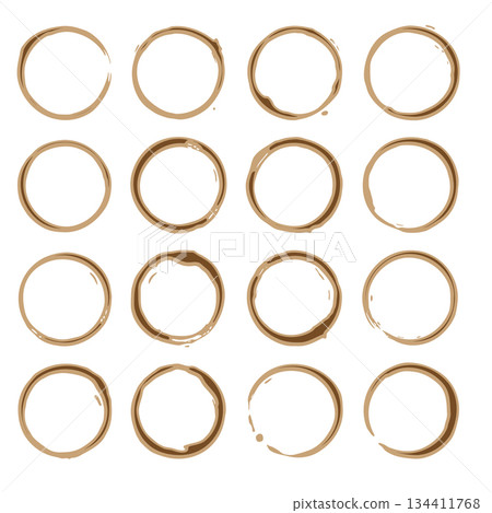 Set of 16 brown coffee cup stains. Vector drink ring textures isolated for cafe posters, packaging and rustic decoration Set of 16 brown coffee cup stains. Vector drink ring textures isolated for cafe posters, packaging and rustic decoration 134411768