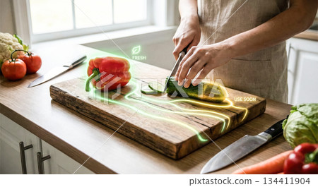 Person slicing vegetables on wooden board with glowing freshness indicators, representing smart kitchen technology, food management and sustainability. High quality photo 134411904