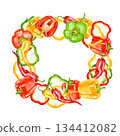 Hand-drawn illustration of a vibrant frame made from red, yellow, and green bell peppers and chili peppers. 134412082