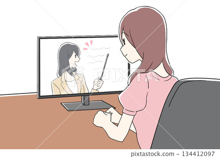 Illustration of a woman receiving an explanation online Illustration of a woman receiving an explanation online 134412097