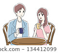 Illustration of a man and woman enjoying a conversation in a cafe 134412099