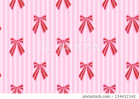 Seamless retro whimsical Valentine bow stripe pattern with vertical stripes. Coquette ribbon texture for weddings, gift wrap, stationery, feminine design, cute romantic packaging. Vector illustration. 134412142