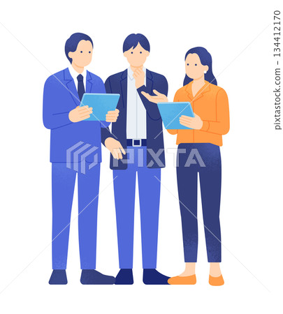 Digital transformation and paperless work. Illustration of business people discussing and considering a woman's proposal on a tablet. 134412170