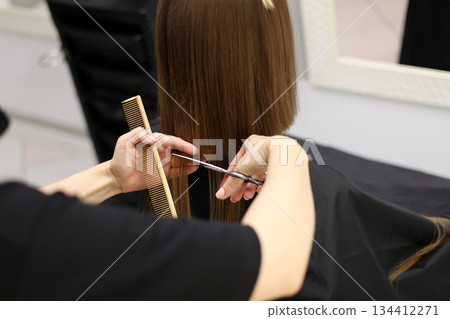 Unrecognisable hairdresser cutting female client hair with professional barber scissors and comb and making stylish haircut short bob hairstyle in beauty salon. Hair care, hair salon and hairstyling Unrecognisable hairdresser cutting female client hair with professional barber scissors and comb and making stylish haircut short bob hairstyle in beauty salon. Hair care, hair salon and hairstyling 134412271