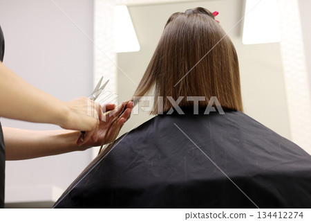 Unrecognisable hairdresser cutting female client hair with professional barber scissors and comb and making stylish haircut short bob hairstyle in beauty salon. Hair care, hair salon and hairstyling Unrecognisable hairdresser cutting female client hair with professional barber scissors and comb and making stylish haircut short bob hairstyle in beauty salon. Hair care, hair salon and hairstyling 134412274