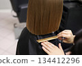 Unrecognisable hairdresser cutting female client hair with professional barber scissors and comb and making stylish haircut short bob hairstyle in beauty salon. Hair care, hair salon and hairstyling 134412296