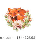 Hand-drawn illustration of a cute fox curled up and sleeping in a wreath of delicate pink flowers. Design is perfect for floral or animal-themed projects. 134412368