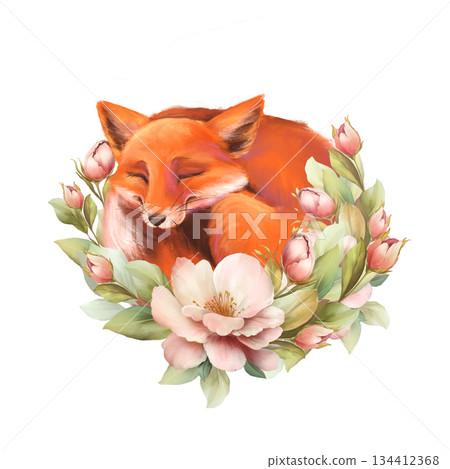 Hand-drawn illustration of a cute fox curled up and sleeping in a wreath of delicate pink flowers. Design is perfect for floral or animal-themed projects. Hand-drawn illustration of a cute fox curled up and sleeping in a wreath of delicate pink flowers. Design is perfect for floral or animal-themed projects. 134412368
