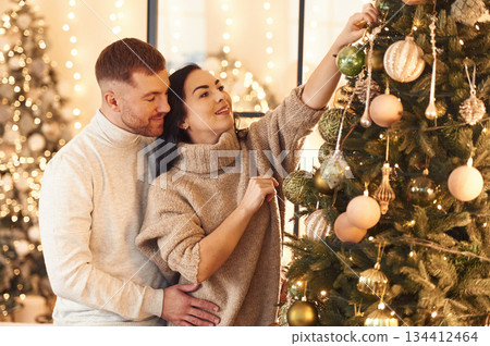 Side view, decorating the tree. Couple is celebrating new year indoors together 134412464