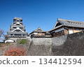 Kumamoto Castle: Two stone-walled Honmaru palaces and the castle tower as seen from the special viewing path at the south gate Kumamoto Castle: Two stone-walled Honmaru palaces and the castle tower as seen from the special viewing path at the south gate 134412594