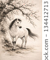 A simple Japanese-style painting of a white horse and plum blossoms 134412713
