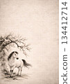 A simple Japanese-style painting of a white horse and plum blossoms 134412714
