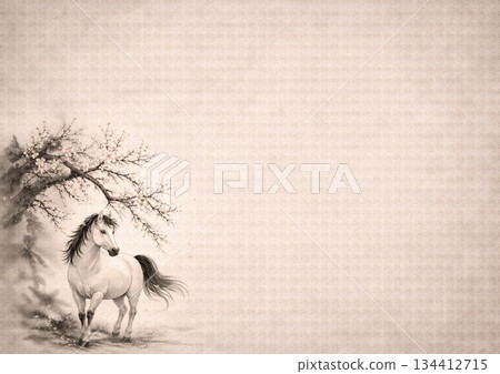 A simple Japanese-style painting of a white horse and plum blossoms 134412715